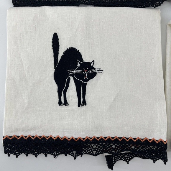 4 Halloween Tea Towels MWW Market Spider JOL Jack-o-lantern Ghost Cat Linens - Picture 2 of 13